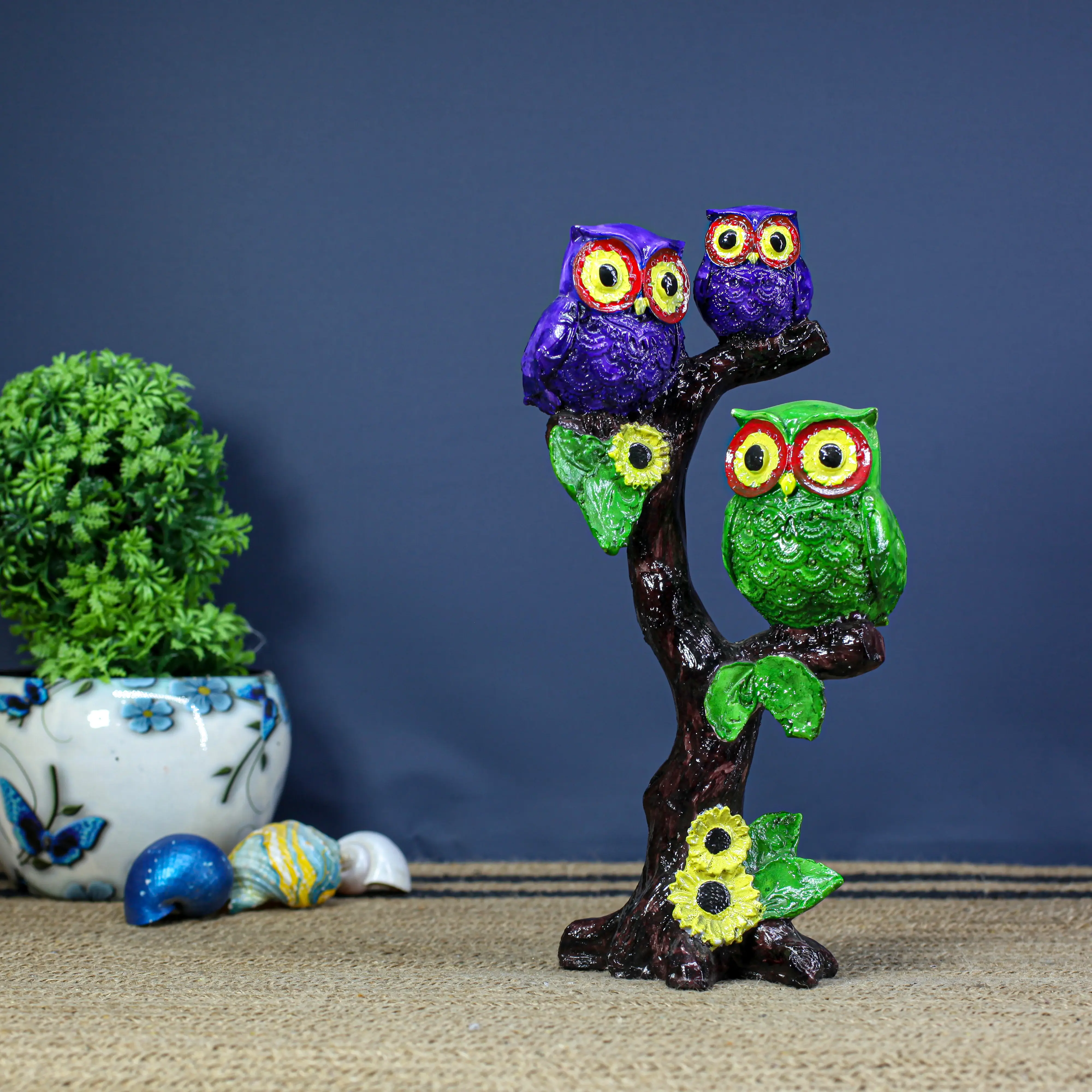 3 Owl Colorful on Long Bark jpg.